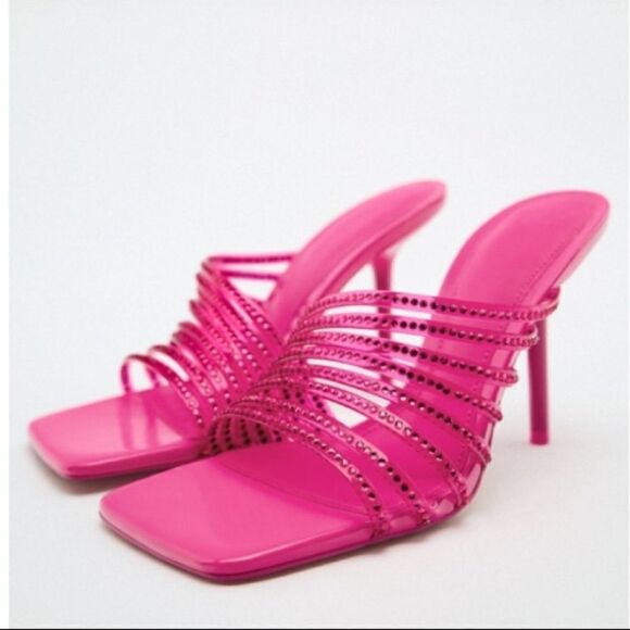Zara Discounted Vinyl Pink Rhinestone Squared Toe High Heels Dress Sandals Shoes - Picture 1 of 14